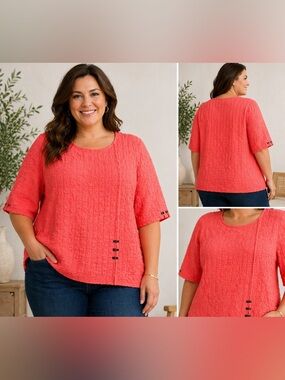 Ali Miles Tunic 1X Artsy Stretch Textured Puckered Knit Buttons Lagenlook Top